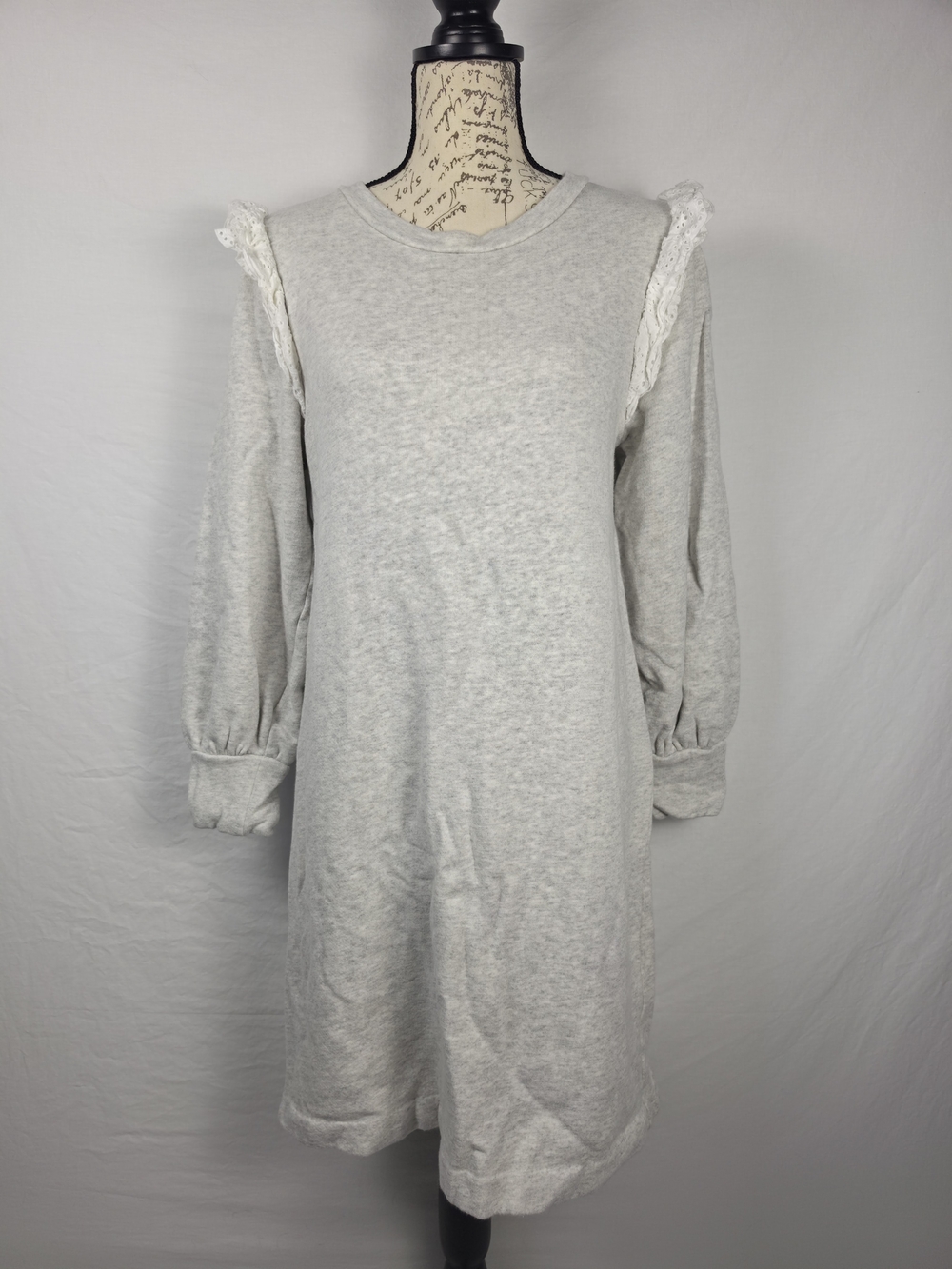 Ann Taylor Heather Gray Lace-Trim Puff Sleeve Dress, XS